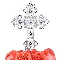 LOVENJOY with Gift Box Cross Cake Decoration Topper Rhinestone Crystal for Wedding Religious Baptism Christening First Communion Confirmation (4.5-inch)