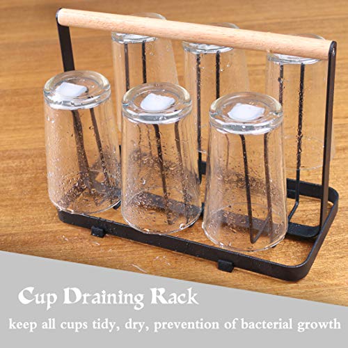 Cup Drying Rack Stand, 6 Cup Metal Drainer Holder Rack Non-Slip Mugs Cups Organizer with Wood Handle, Black - Thumbnail 4