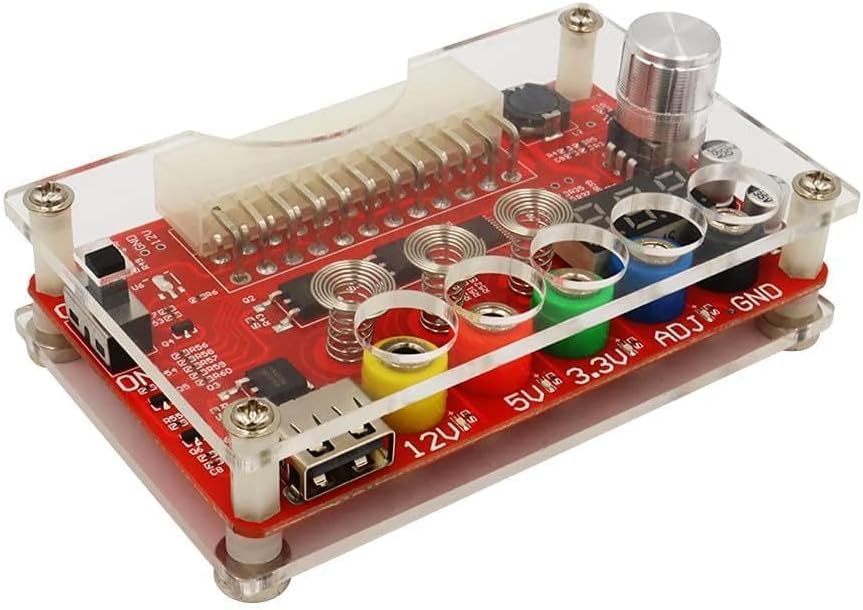 New Version ATX Power Supply Breakout Board and Acrylic Case Kit with ADJ Adjustable Voltage Knob, Supports 3.3V, 5V, 12V and 1.8V-10.8V (ADJ) Output Voltage, 3A Maximum Output, Reset Protection.