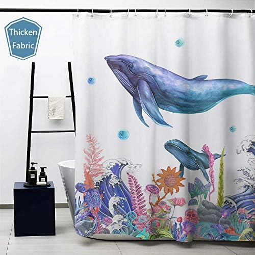 Obal Ocean 3D Shower Curtain, Purple Whales White Background Bath Curtains Water Repellent Anti-Mould Polyester Fabric Thick Shower Curtain Set Home Decor With Curtain Hooks Washable, 71 in X 71 in