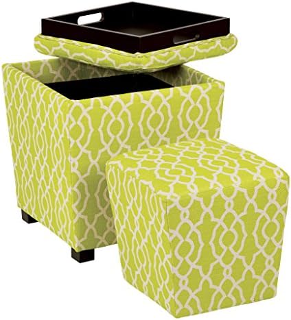 Office Star Metro Fabric 2-Piece Storage Ottoman Nesting Cube Set with Dark Espresso Finished Feet, Abby Geo Lime