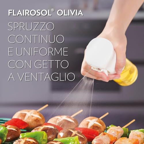 FLAIROSOL OLIVIA 130 ml Glass Oil Sprayer - Continuous Spray Technology with Portion Control - Versatile for Cooking, Salads, Barbecues, Baking, etc. (Golden Logo)