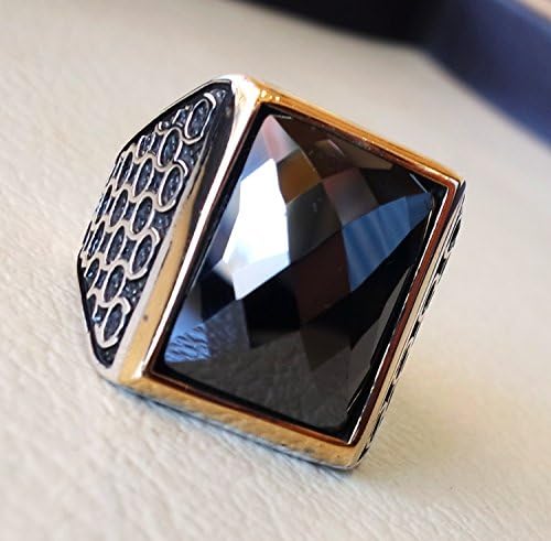Black Onyx Mens Ring, 925 Sterling Silver Onyx Ring, Checker Cut Big Gemstone Ring, Sword Islamic Mans Ring, Gift For Anniversary, Huge Gemstone Two Tone Ring, Black Onyx Oxidized Ring, Signet Ring