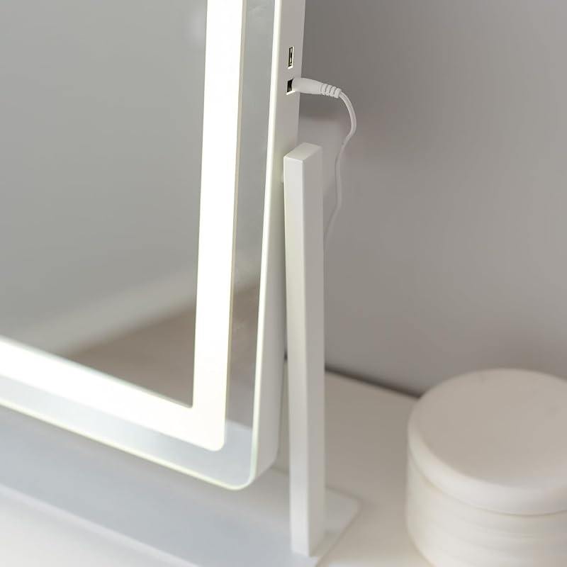 Specchio Trucco con Luci - Striscia LED - 3 Modi di Luce - Intensità Regolabile - Controllo Tattile - Presa USB - Specchio Ingranditore Incluso - Bianco - 64x12x54,5cm