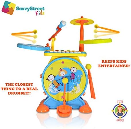 Toddler Drum Set Instruments with steady stool, movable/clear-sounding microphone, and child-safe drumsticks