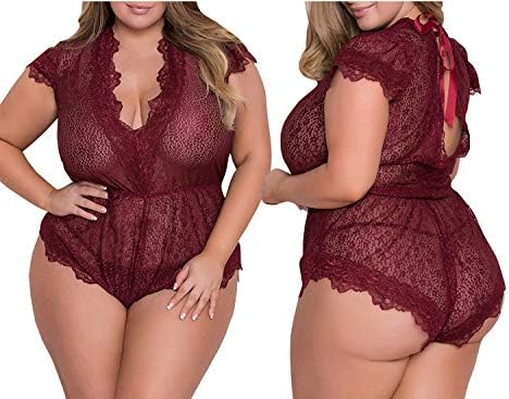 Avidqueen Women Sexy Lingerie Lace Teddy Dream Eyelashes Deep V Open Crotch Plus Size Nightwear