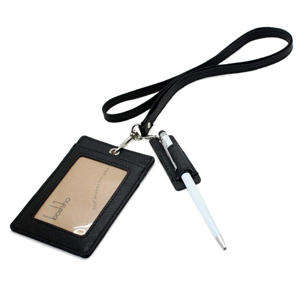Leather Badge Holder Vertical Style, Boshiho Genuine Cowhide Leather Credit ID Card Holder Stretch Neck Lanyard and Pen Holder for Office (0304-Black)