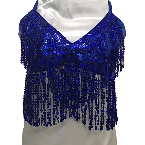 Wuchieal Women's Belly Dance Costume Sequin Bra Tassel Top with Chest Party Club Wear Bra Top (One Size, Navy Blue)