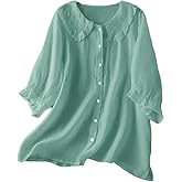 Women's Casual Cotton Linen Button Up Lapel Doll Collar Shirt Spring Summer Ruffled Half Sleeve Loose Solid Blouse Top