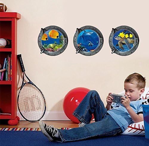 (13"w X 13"h X 3pcs) Porthole Set of 3 3D Under the Sea Ocean Tropical Fishes Shark Sea Turtles Window View Faux Submarine Window Partial Frosted Frosting Murals Wall Decals Removable Wall Stickers