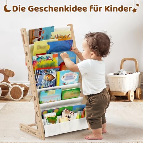 Kinderbücherregal Montessori – Bücherregal Kinder mit 6 Stofffächern, frontal offenes Bücher-Display aus Kiefernholz, Kinderregal für Kinderzimmer & Leseecke, Naturholz, 42 x 30 x 76 cm
