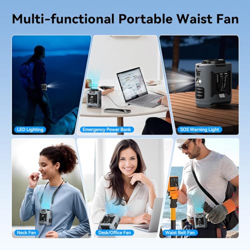 Portable Waist Clip Fan 12000mAh Rechargeable, 6 Speeds 16000RPM Strong Airflow Personal Fans with Max 30H Working Time, Hands-Free Hanging Neck Fan, Wearable Belt Fans for Outdoor/Jobsite - Grey