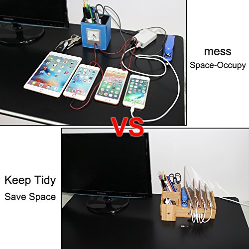 Bamboo Charging Station for Multiple Devices, Multi Use Wood Docking Station with Storage Box, Desktop Holder Organizer Compatible Devices, Phones, Tablets and Stationery (Hub, Cables Not Included) - Thumbnail 4