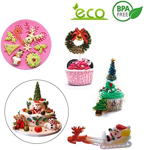 Neodot DIY 3D Christmas Baking Silicone Molds Sugarcraft Fondant Cake Decorating Tools Chocolate Candy Fimo Clay Moulds with Christmas Cupcake Toppers Picks.