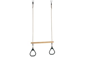 HUAWELL Wooden Trapeze with Plastic Gym Rings - Outdoor N Indoor Playground 2 in 1 Swing Set Accessories for Kids (Green).