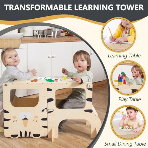 labebe Montessori Tower Children, Multifunctional Montessori Folding Wooden Tower 3 in 1 Learning Tower for Children with Tigers Chalkboard