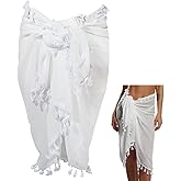 CABODYALS Long White Tassel Sarong Beach Cover Up Pareo Swimsuit Mesh Scarf Coverup Fashion Rectangle Shawl Summer Bikini Sexy Bathing Suit Wrap Bottom Coverups Shawls for Women Skirt Accessories