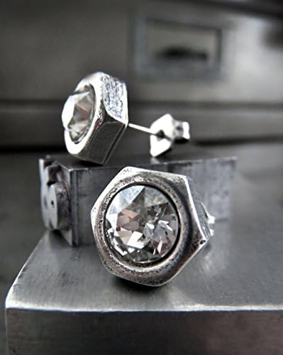 Shy Siren JewelryMens Hex Nut Stud Post Earrings with Silver Crystal - Unisex Hardware Jewelry