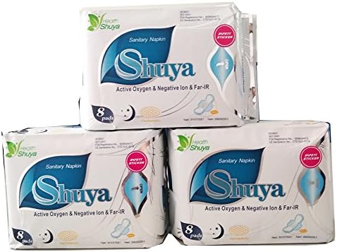 SHUYA Negative ion Organic Night Long Sanitary Towels with Wings, Herbal Scented-3Packs(24Pads)