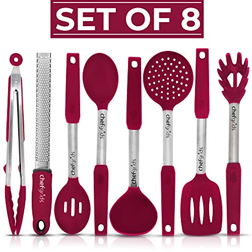 CHEF GRIDS Silicone Kitchen Utensil Set - 8 Pcs Non-Stick Heat Resistant Silicone Cooking Utensils Set - Kitchen Utensils Set, Zester, Tong, Skimmer, Slotted, Spatula Spoons, Pasta Server, Soup Ladle, - Thumbnail 5