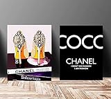 Wall Art Poster Print - COCO CHANEL, Shoes, Book, Handbag Vogue - Famous Fashion Quote - Black WaterColor - 675, 610