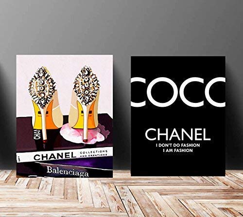 Wall Art Poster Print - COCO CHANEL, Shoes, Book, Handbag Vogue - Famous Fashion Quote - Black WaterColor - 675, 610