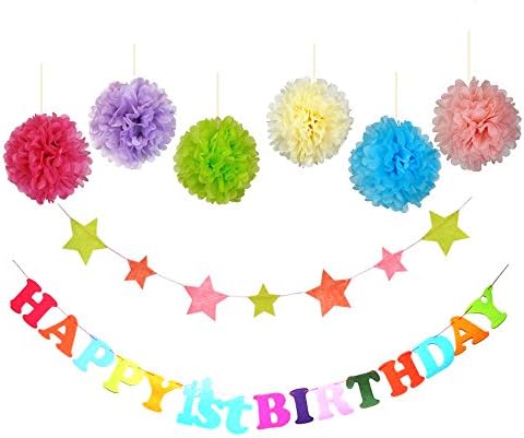 Happy 1st Birthday Bunting Banner with Star Garland and Set Of 6 Colorful Tissue Pom Pom Decoration Balls for Baby Happy 1st Birthday, Baby Shower Party Decoration