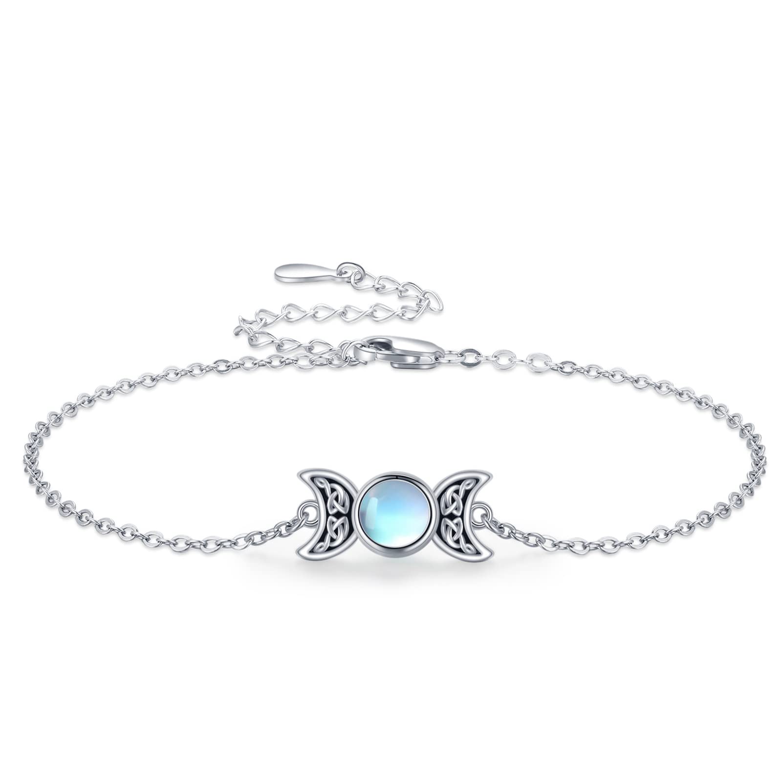 Midir&Etain Triple Moon Goddess Bracelet 925 Sterling Silver Moonstone Moon Bracelet Amulet Pagan Wiccan Jewellery Triple Moon Goddess Gifts for Women Girls