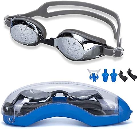 Swimming Goggles,STREET TRIBE Professional Swim Goggles,Anti-Leakage, Anti-Fog,Anti-UV,with Nose Clip, Ear Plugs, Protection Case and Interchangeable Nose Bridge(Geay)