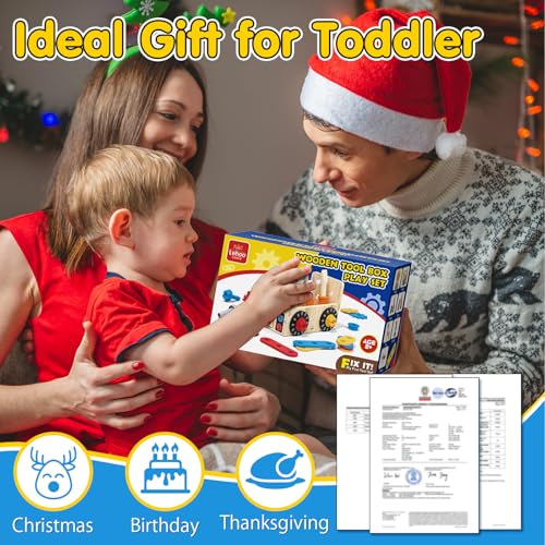 Lehoo Castle Wooden Tool Box for Children from 2 Years, Montessori Craft Toy, Workbench & Case 2-in-1, Fine Motor Skills Learning Toy for Boys and Girls 2-3 Years