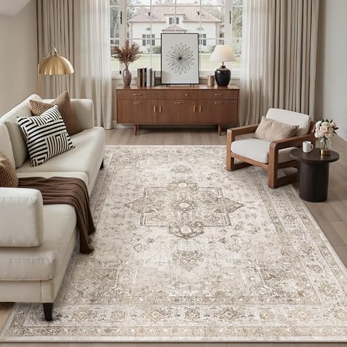 PureCozy Beige Vintage Teppich Wohnzimmer 240x300cm Waschbar