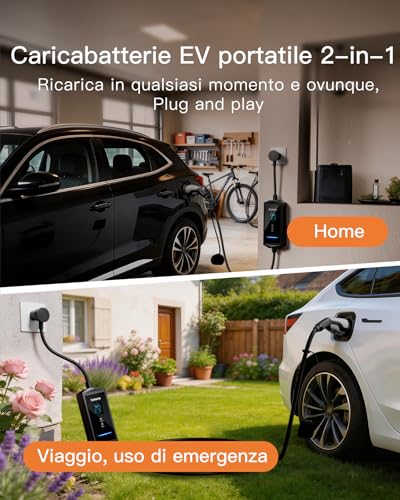tomons App Electric Car Charging Cable, 3.68 kW 6M, Portable Electric Car Charger Type 2 Schuko, Single Phase 16 A, 2.4 Inch LCD IP65, Adjustable Time and Current for Model 3/Y, 500e, e-208, Other EV