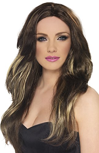 Smiffy s women s long and wavy brown wig with blonde highlights, …