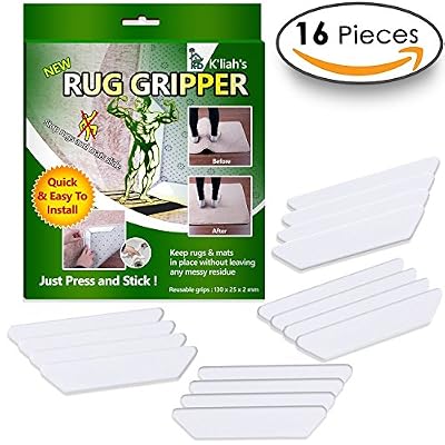 Rug Grippers For Hardwood Floors - Best Anti Curling Rug Gripper , Non Slip Rug Pad - Non Skid Rug Pads Tape - Keep Your Rugs In Place & Make Corners Flat - Carpet Tape For Area Rugs , Set Of 16 Pcs