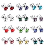 LOYALLOOK 12 Pairs 316L Surgical Stainless Steel Round Rhinestone Studs Earrings Birthstone Assorted for Mens Womens 4-6mm