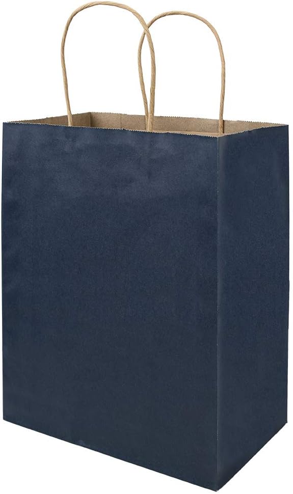 50 Pack 8x4.75x10 inch Medium Blue Kraft Paper Bags with Handles Bulk, Bagmad Gift Bags, Craft Grocery Shopping Retail Party Favors Wedding Bags Sacks (Navy Blue, 50pcs)