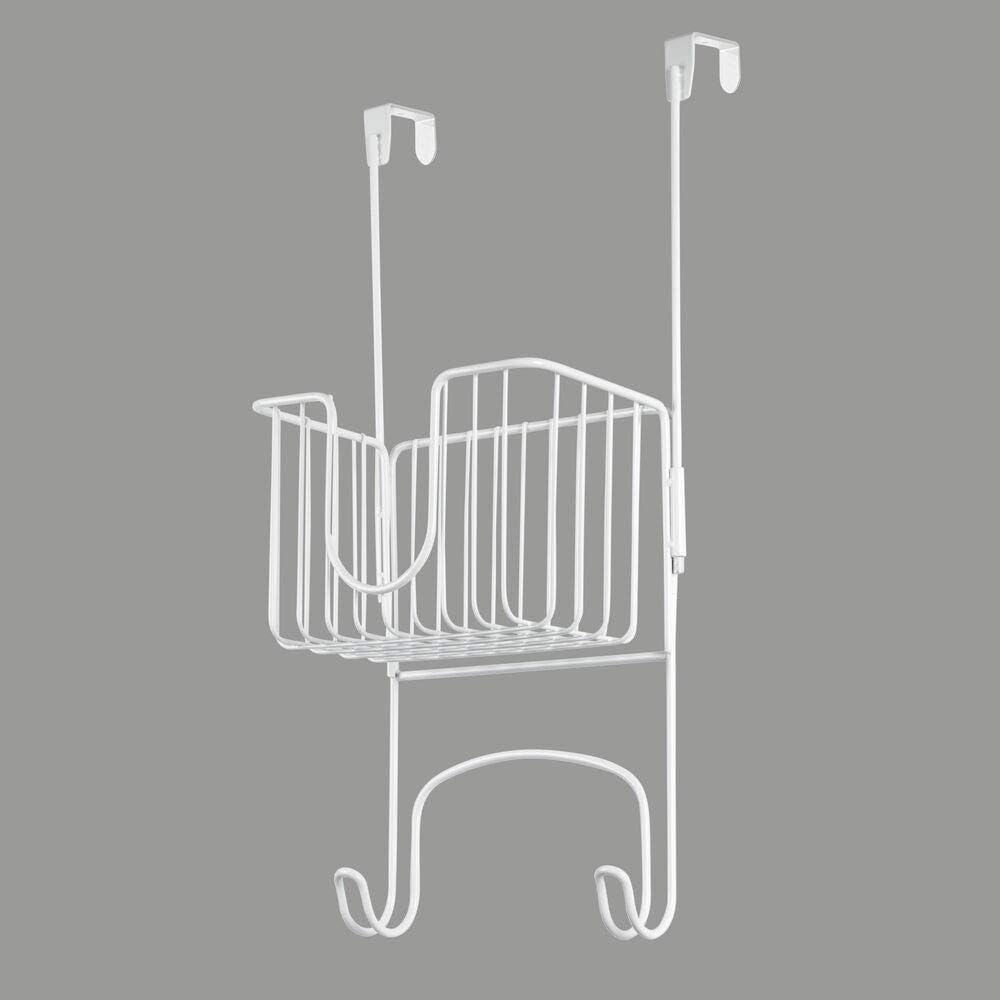 mDesign Metal Wire Over Door Hanging Ironing Board Holder with Small Storage Basket - Organizer Holds Iron, Board, Spray Bottles, Starch, Fabric Refresher - for Laundry, Utility Room, Closet - White: Home & Kitchen