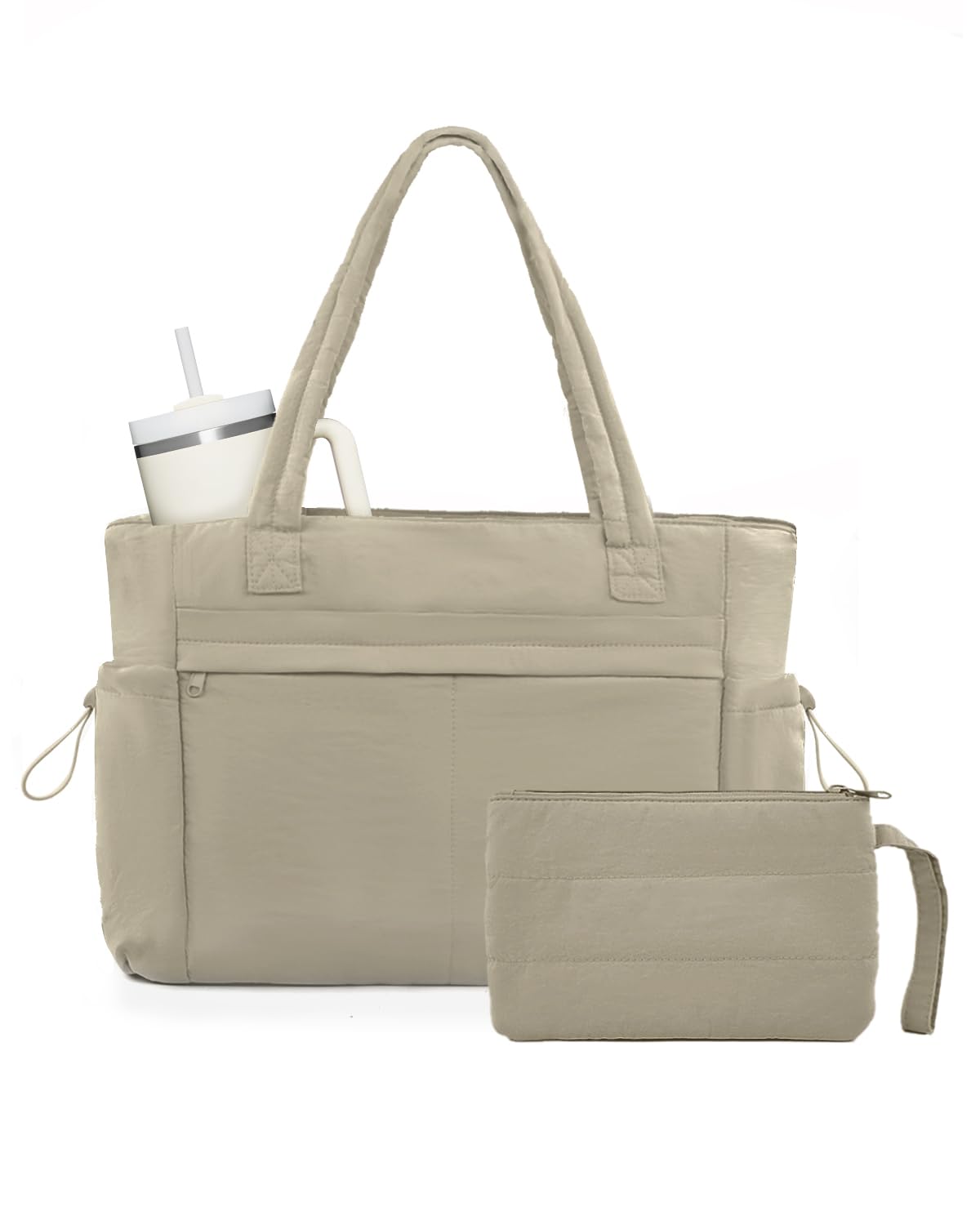 Photo 1 of Tote Bag for Women, Puffer Work Tote Bag with 15.6 Inch Laptop Compartment and Cup Holder, Shoulder Bag Handbag with Zipper for Travel Teacher Nurse, Camel