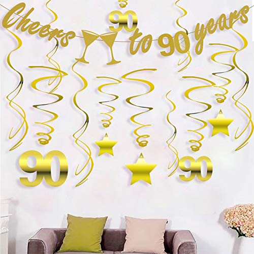 Gold 90th Birthday Party Decorations KIT - Cheers to 90 Years Banner, Sparkling Celebration 90 Hanging Swirls, Perfect 90 Years Old Party Supplies 90th Anniversary Decorations