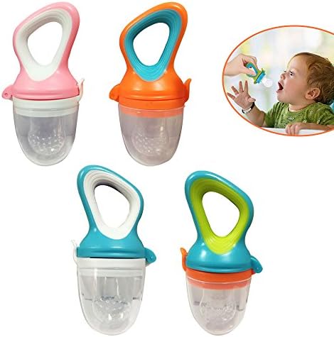 Baby Food and Fruit Feeder Pacifier, Infant Teething Toy Nibbler Silicone Pouches for Toddlers &amp; Kids (Orange 1pcs + Pink 1pcs + Green 1pcs + Blue 1pcs, M)