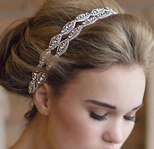 Healthcom Headband Tiara Double Strip Diamond Elegant Luxury Handmade Jewelry Beads Bridal Wedding Evening Pageants Accessory Hair Head Band