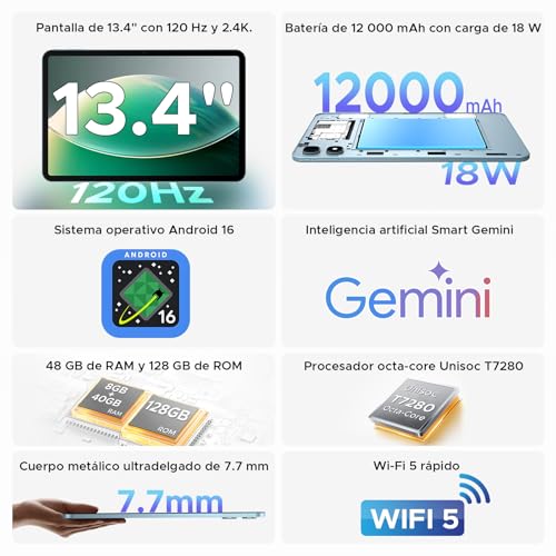 P13 Android Tablet 16, Tablet 13 Inches, Gemini AI, 48GB RAM+128GB ROM/2 TF, 12000mAh/18W, IPS 2.4K, 120Hz, T7280 Octa-Core, 13MP, Face ID, 5G WiFi, GPS, OTG, Tablet with Keyboard and Pen, Blue