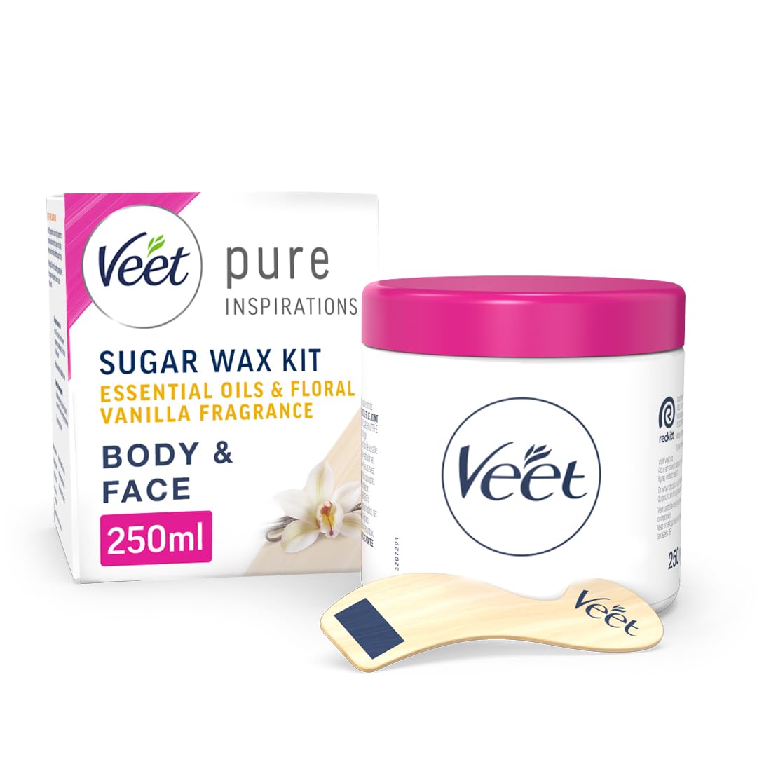 Veet Essential Oils and Floral Vanilla Hot Wax Microwavable Jar, Waxing Kit, 250 ml, multicolor