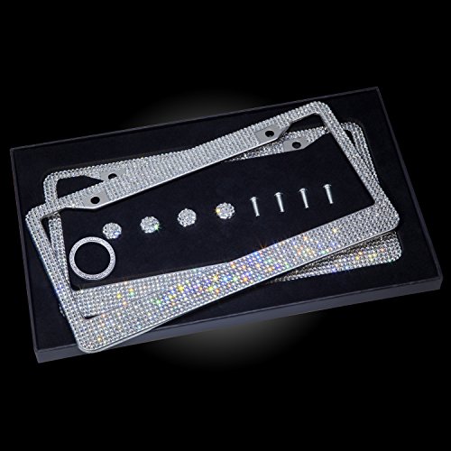 2 Pack Bling License Plate Frames, Ailuki Luxury Pure Handmade Waterproof Glitter 1000+ Rhinestone Crystal Premium Stainless Steel Licence Plate with Anti-Theft Screw Caps for Front and Back License