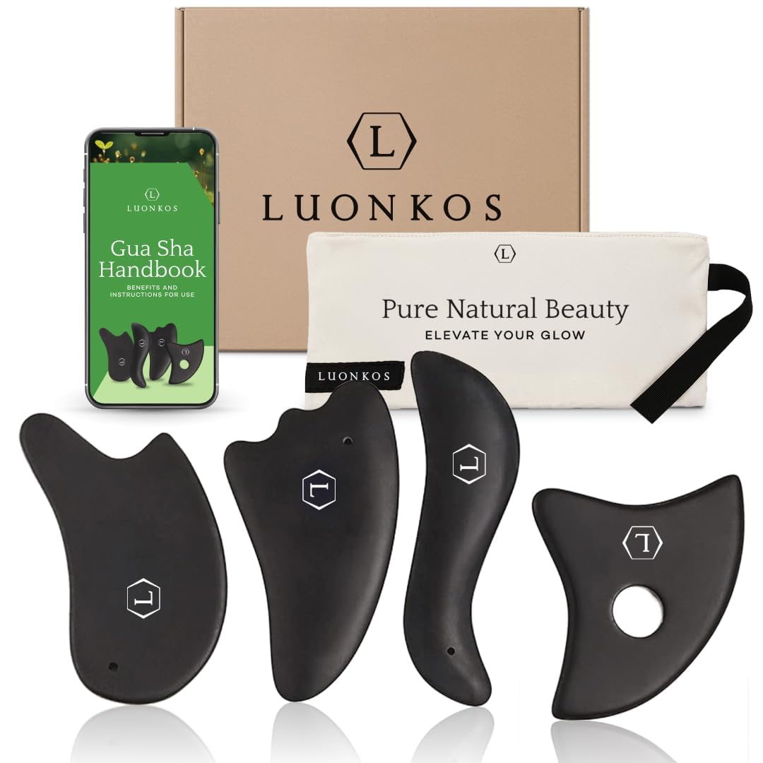 Photo 1 of LUONKOS Gua Sha Facial Tools - Set of 4 Black - Large Bian Stone Guasha Tool for Body Massage - Lymphatic Drainage Massager with Polished Edges Glide Effortlessly for Daily Aesthetic Skincare Routine