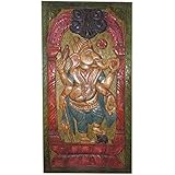 Antique Hand Carved Ganesha Barn Door Artisan Handcrafted Wall Art Relief Panel, Wall Decor Sculpture