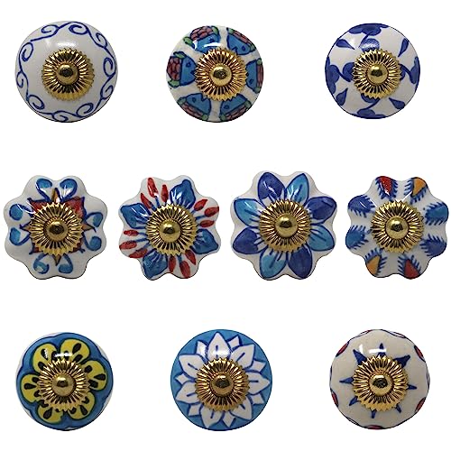 Ajuny Ceramic Knobs for Dresser Drawers Kitchen Cupboard Bathroom Cabinets Blue and White Handmade in India Set of 10