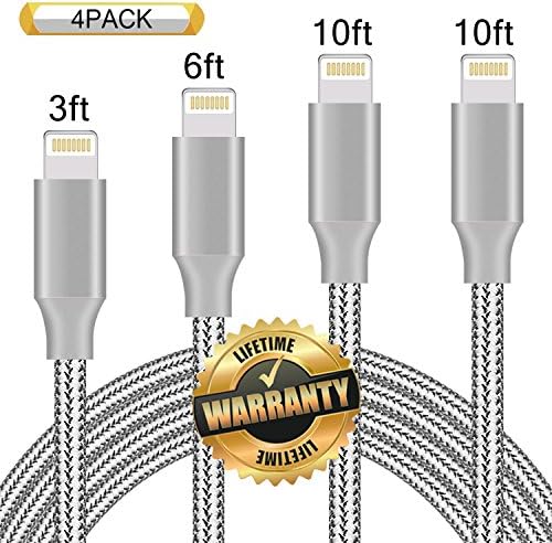 GUIGUI iPhone Cable 4Pack 3FT 6FT 10FT 10FT Nylon Braided Certified Lightning to USB iPhone Charger Cord for iPhone X, 8, 7, 7 Plus, 6, 6s, 6 Plus, 5, 5c, 5s, iPad, iPod Nano, iPod Touch - Grey
