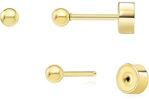 Sweetkiki Threadless Flat Back Earrings, 14K Gold Plated Ball Stud Earrings Hypoallergenic | Cartilage Earring | Helix Piercing Jewelry | Tragus Piercing Jewelry | Push in Flatback Earrings for Women Men