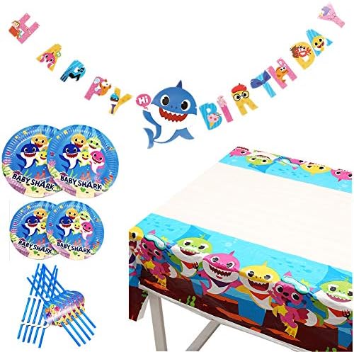 Baby Shark Party Supplies Set - 32 Pcs Baby Shark Themed Birthday Decorations Includes 10 Shark Straws 20 Shark Plates 1 Banner 1 Tableclothes